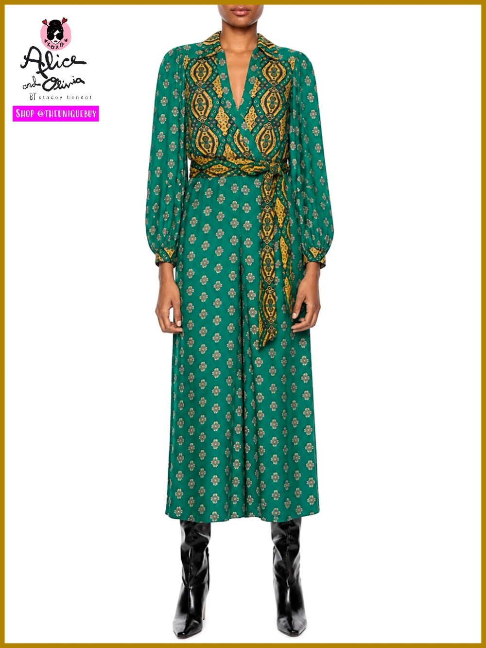Alice + Olivia Olsen Tie Waist Green Yellow Boho Cropped Jumpsuit